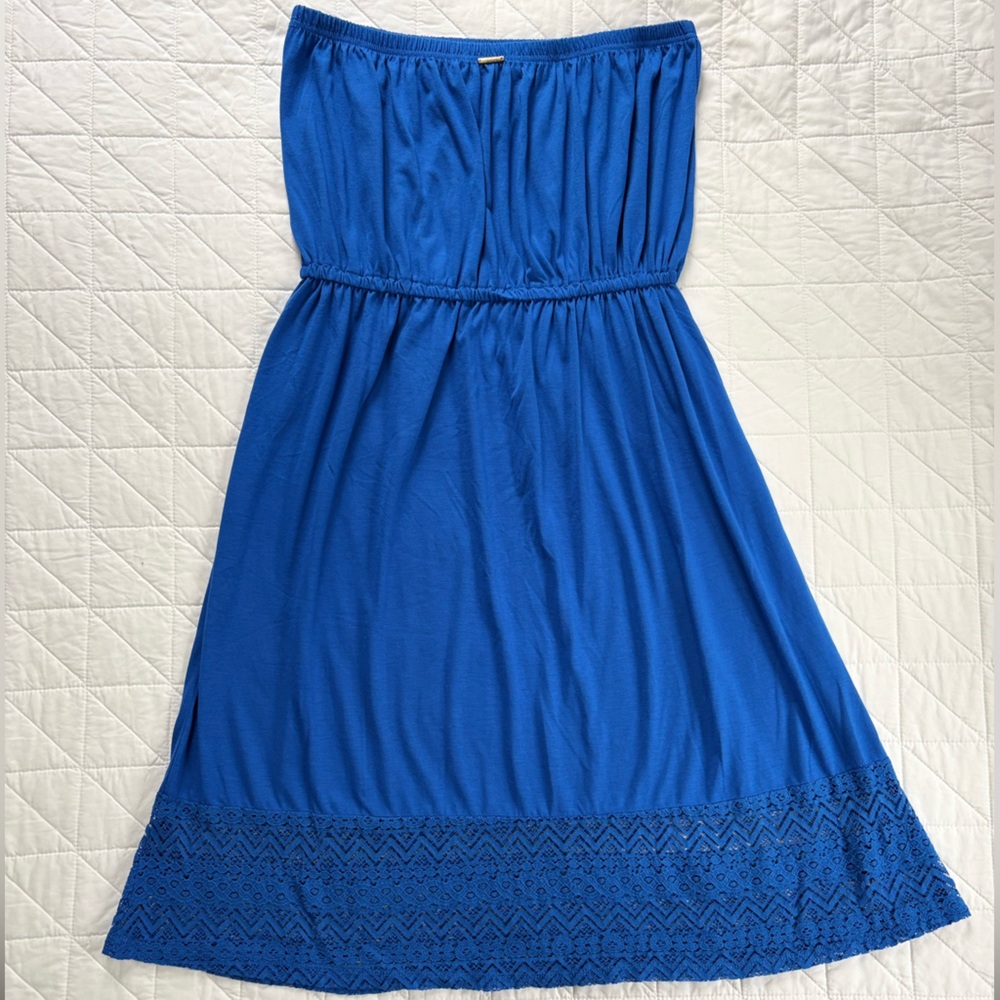 SOLD - Jones New York Royal Blue Strapless Crochet Hem Midi Dress Size L - Picture 8 of 9